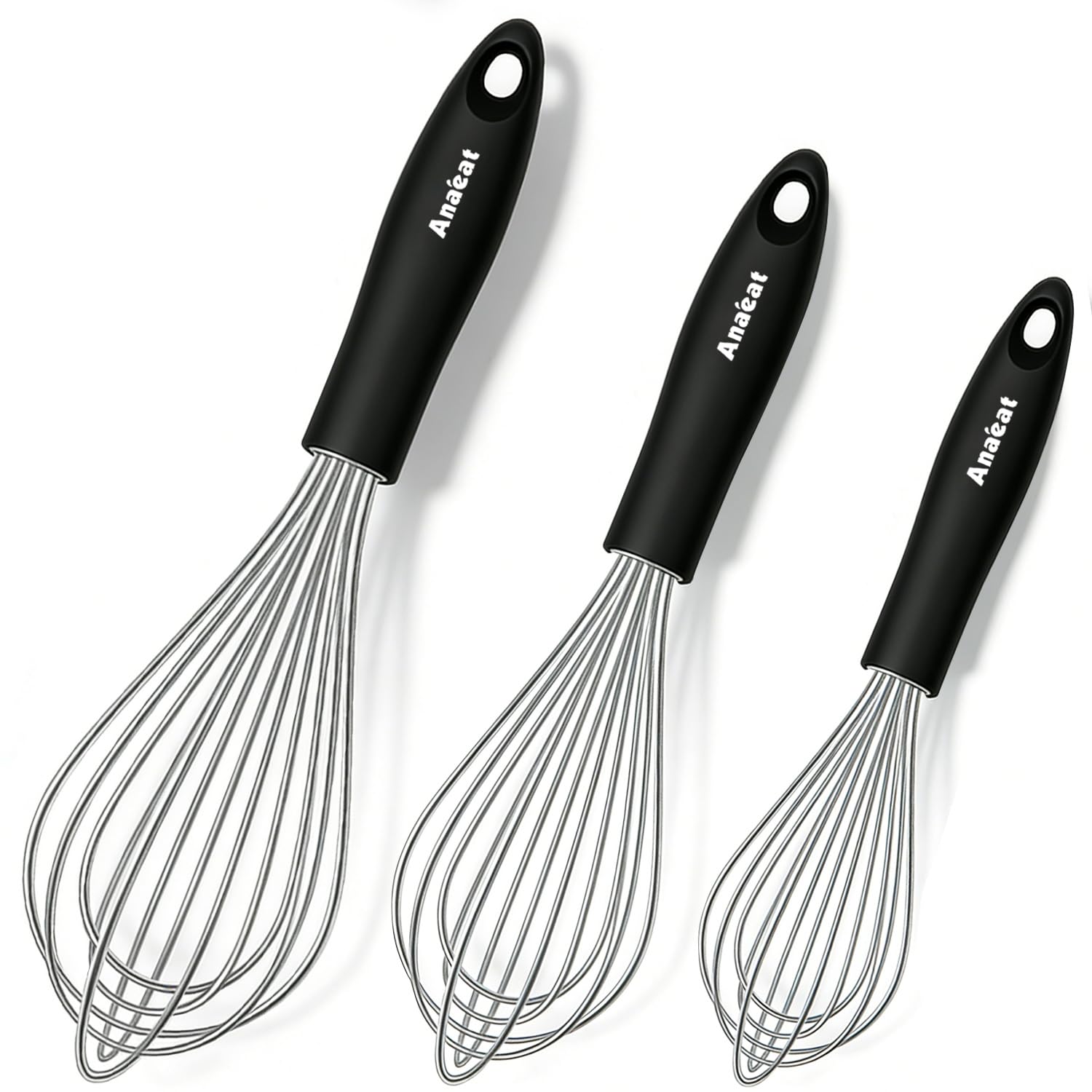 3 Packs Stainless Steel Whisk Set - Balloon Whisk, Anaeat Thick Stainless Steel Wire ＆ Strong Handles, Egg Beater for Cooking, Blending, Whisking, Beating and Stirring (9"+11"+12")