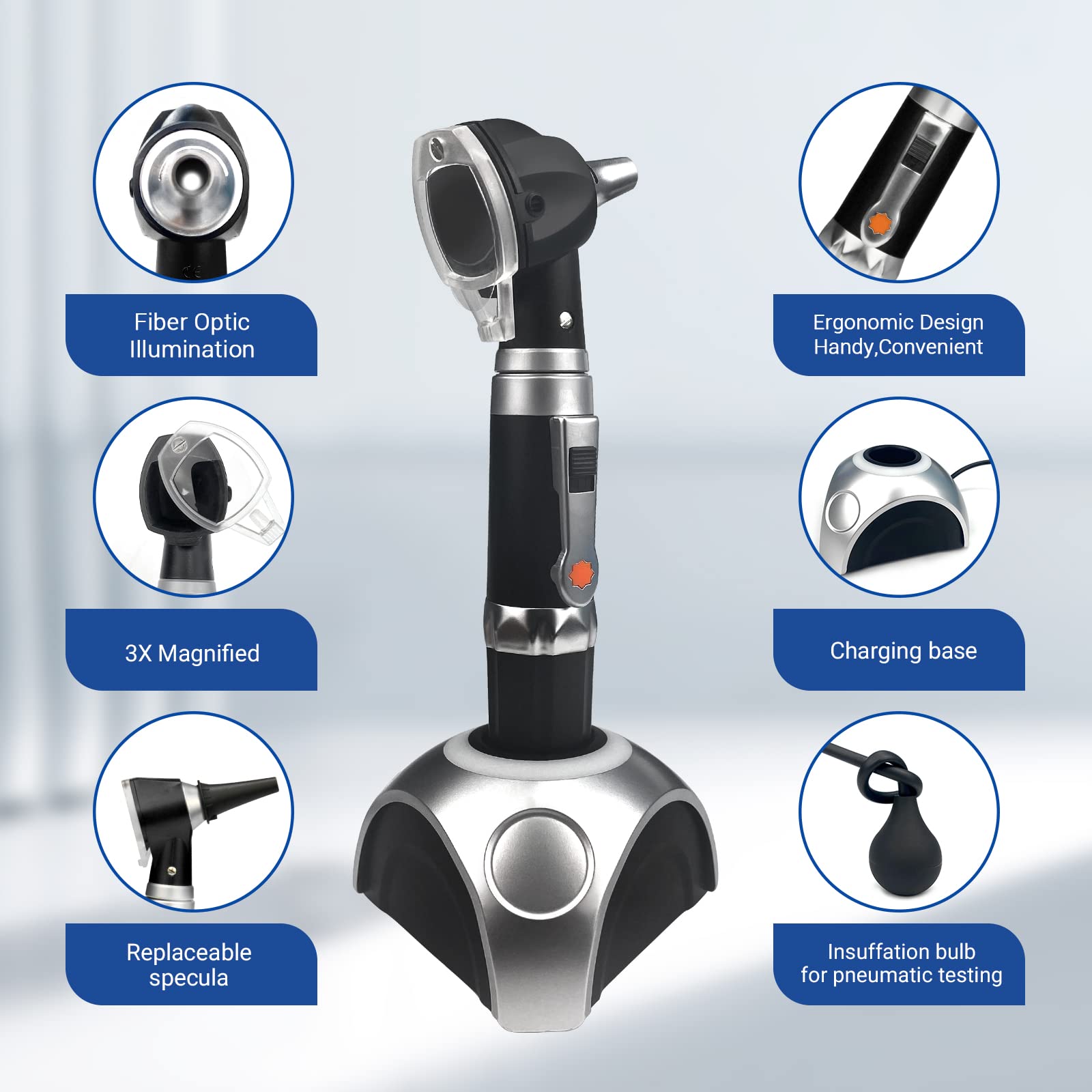 SCIAN Otoscopio con luz - Herramienta de diagnóstico recargable para cuidado auditivo con iluminación de fibra, conjunto de otoscopio de bolsillo para enfermeras, niños, adultos, mascotas (Negro)