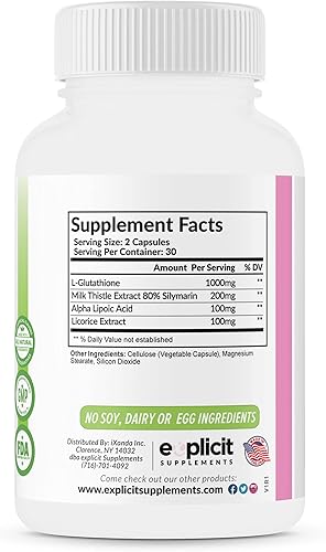 Miniatura 6 de eXplicit Supplements Suplemento para blanquear la piel, glutatión de 1000 mg, aclara y unifica los tonos de la piel, ayuda a aclarar manchas oscuras