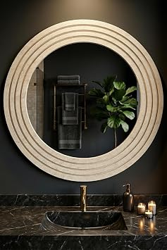 Antik Ahşap Traverten Dekoratif Ayna Banyo Lavabo Aynası Yuvarlak Ayna Duvar Aynası (30x43)