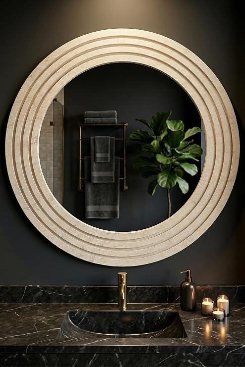 Antik Ahşap Traverten Dekoratif Ayna Banyo Lavabo Aynası Yuvarlak Ayna Duvar Aynası (30x43)