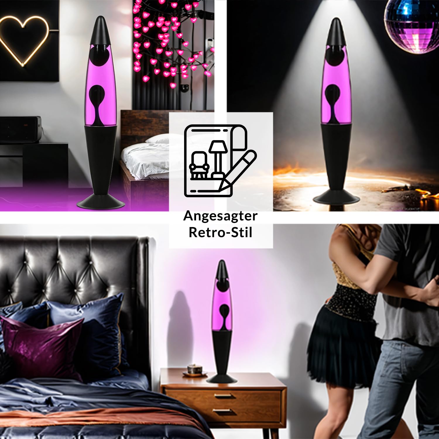Licht-Erlebnisse Lavalampe Schwarz Lila Pink, Lava Tisch Leuchte, Wohnzimmer, Jugendzimmer, Partykeller, H:42 cm, entspannend, Geschenkidee, Retro Lampe, JENNY