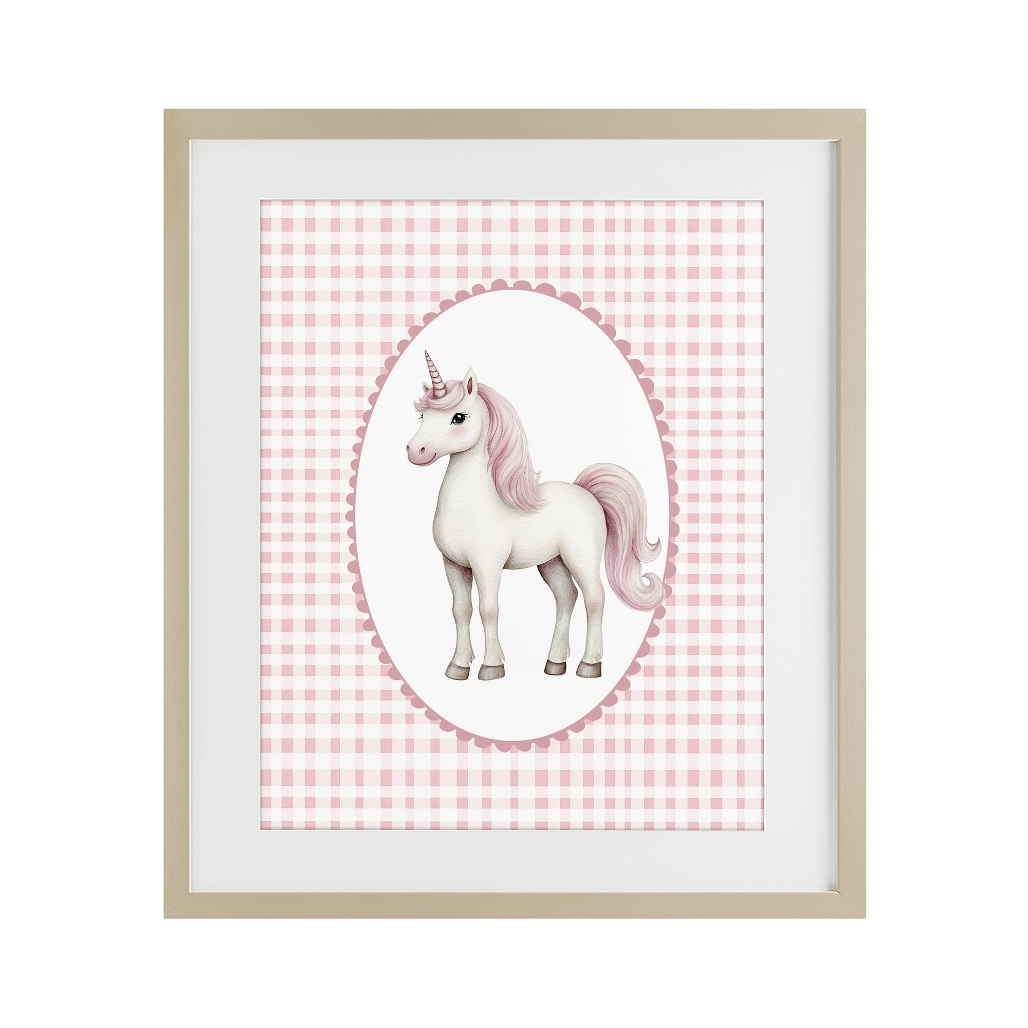 Stupell Industries Harvest Pine (Textured) 'Pink Gingham Unicorn'| Framed Print Under Glass