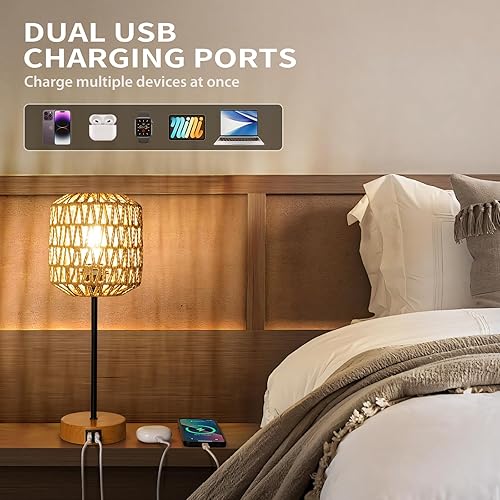 Miniatura 3 de N02 - Lámpara de mesa de ratán bohemio con control táctil, lámpara de noche regulable con cable enchufable, pantalla tejida, base de metal de