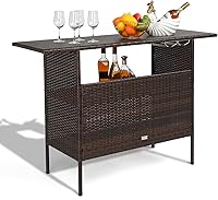 VINGLI Outdoor Wicker Bar Table with 2 Steel Shelves & Wine Glass Rack - Rattan Patio Storage for Backyard, Poolside, Garden
