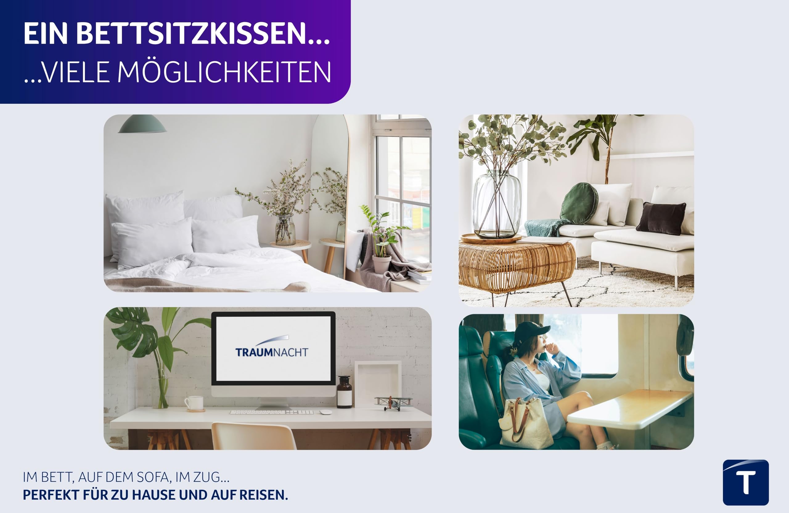 Traumnacht Cozy Bettsitzkissen, Lesekissen, Rückenkissen, hellgrau, Abnehmbarer, waschbarer Bezug aus hautsympathischem Mikroplüsch, produziert nach deutschem Qualitätsstandard