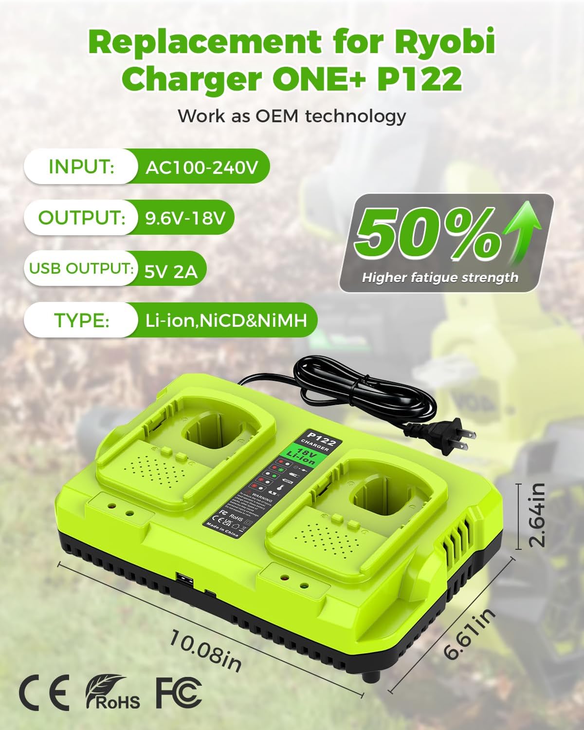 Abeden Replace Ryobi 18V Battery Charger,P117 Dual-Port Rapid Charger for Ryobi 12V-18V One+ Lithium Battery P100 P102 P103 P105 P107 P108 P190 PBP005 PBP006 PBP2005