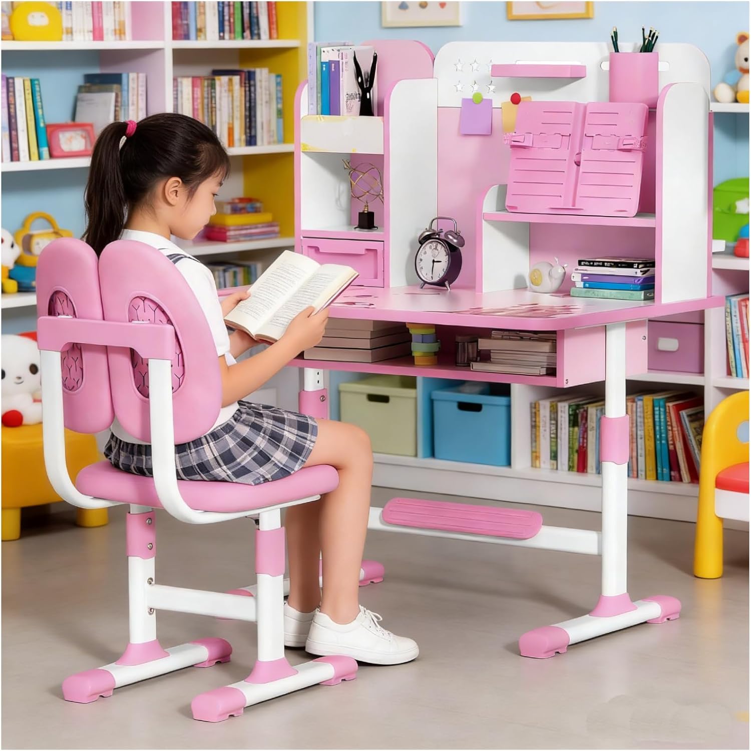 Kids Study Desk and Chair Set, Height Adjustable Children Study Table and Chair Set with Drawers Bookstand 80cm Desktop Foot Pedal Ergonomic Table Chairs Gift for Girls 3-12 Years Pink