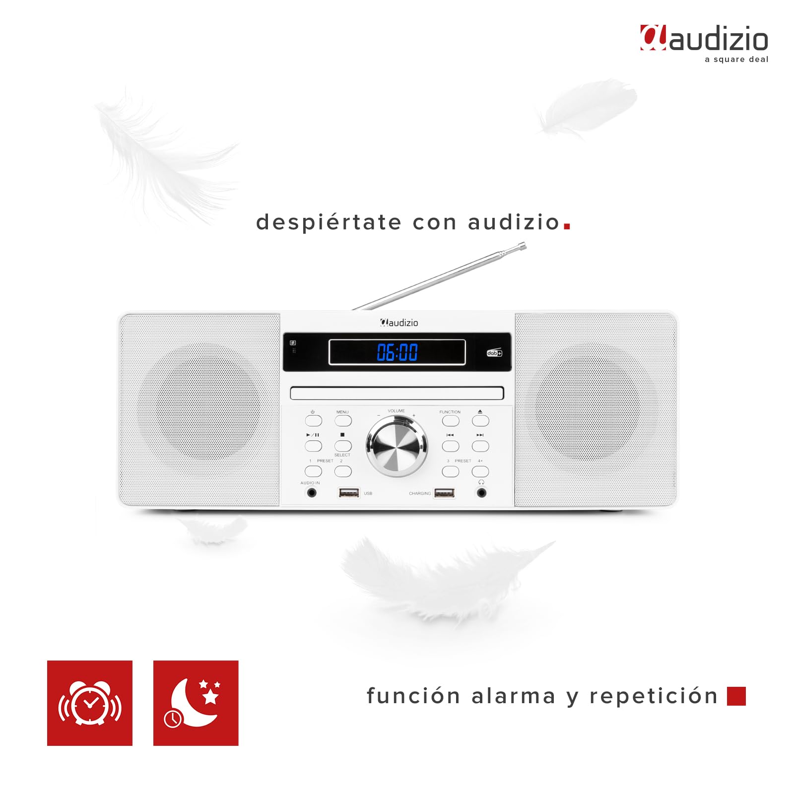 Audizio Prato Sistema Musical Todo-en-uno. Radio FM y Dab+, Bluetooth 4.0, USB, Reproductor de CD, Reloj, Alarma, Display con dimmer, presets de Sonido, Salida de Auriculares - Color Blanco