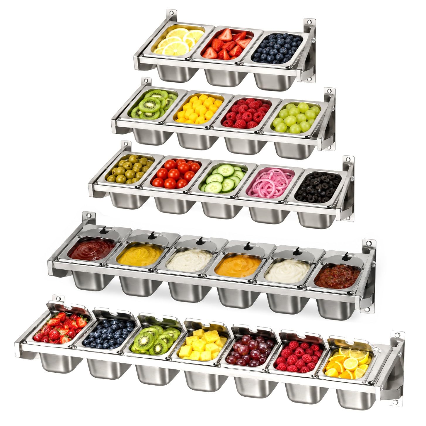 Estante de Condimentos de Acero Inoxidable Montado en Pared con Tapas, 3/4/5/6/7 Compartimentos, Bandejas Extraíbles para Salsas, Frutas, Toppings, Guarniciones, Bar