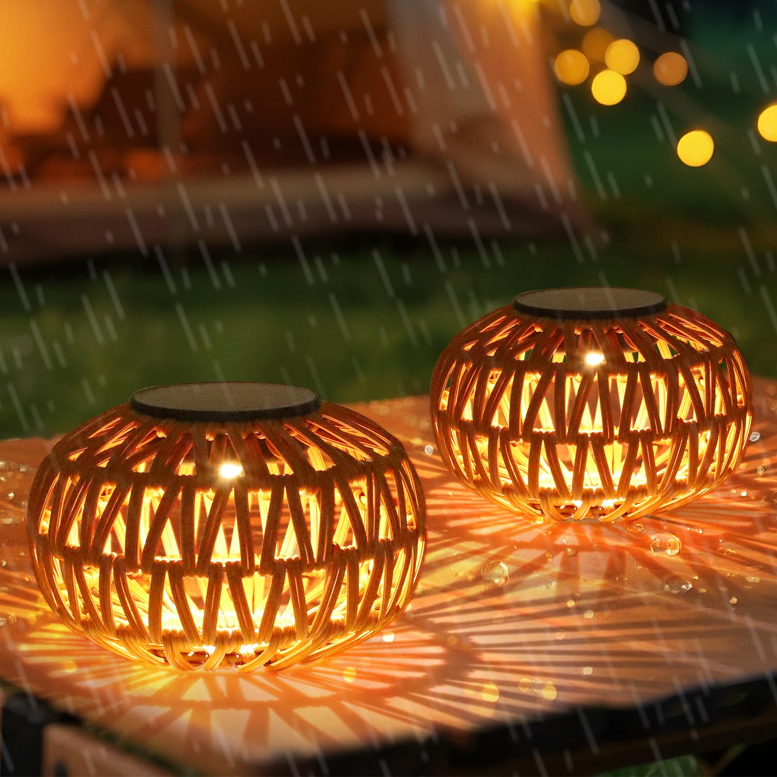 Rayofly Solar-Laternen für Draußen Wetterfest, 2 Stücke Rattan Solarlampen für Außen, Boho Tischlampe Outdoor, Gartendeko Geschenk für Frauen, Mama, Kleine LED Solarlaterne für Garten, Terrasse Balkon