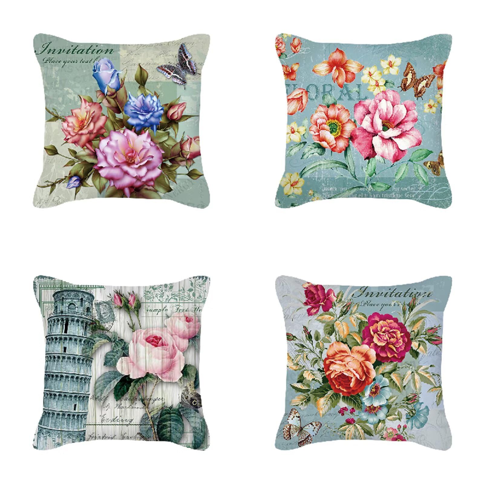 Juego de 4 Funda Cojin 80x80cm Fundas Cojines Sofa De colores Doble Cara Suave Cojines Exterior Impermeable Flores Cuadrado Funda de Almohada para Sofá Coche Cama Sillas Cojines Decorativos S-3013