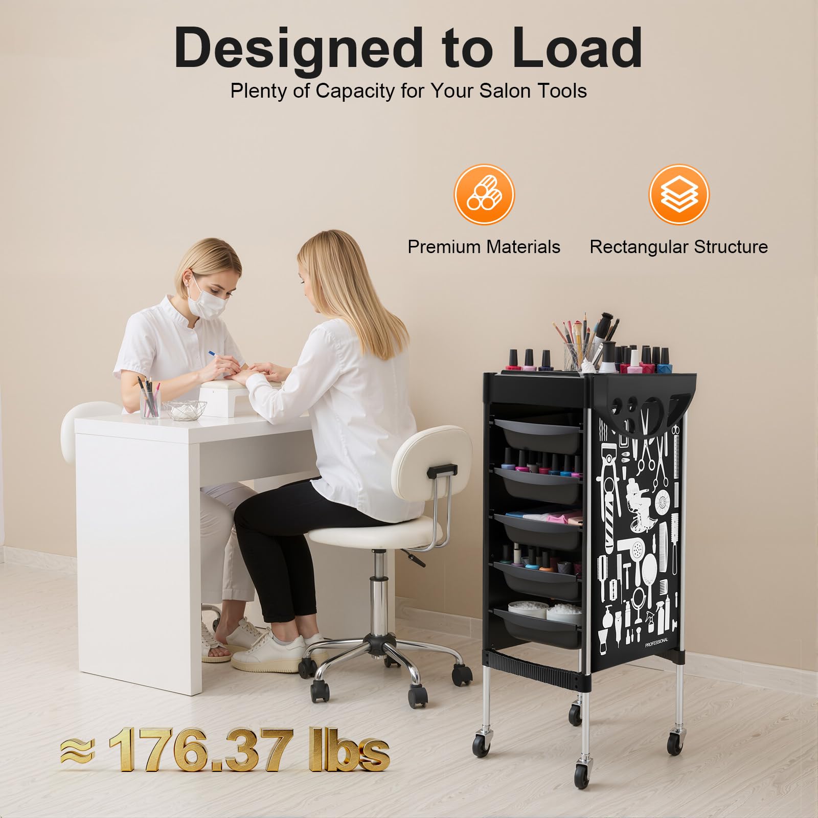 Chariot de coiffure noir 5 tiroirs 80 kg roues pivotantes 360° tablette amovible PP