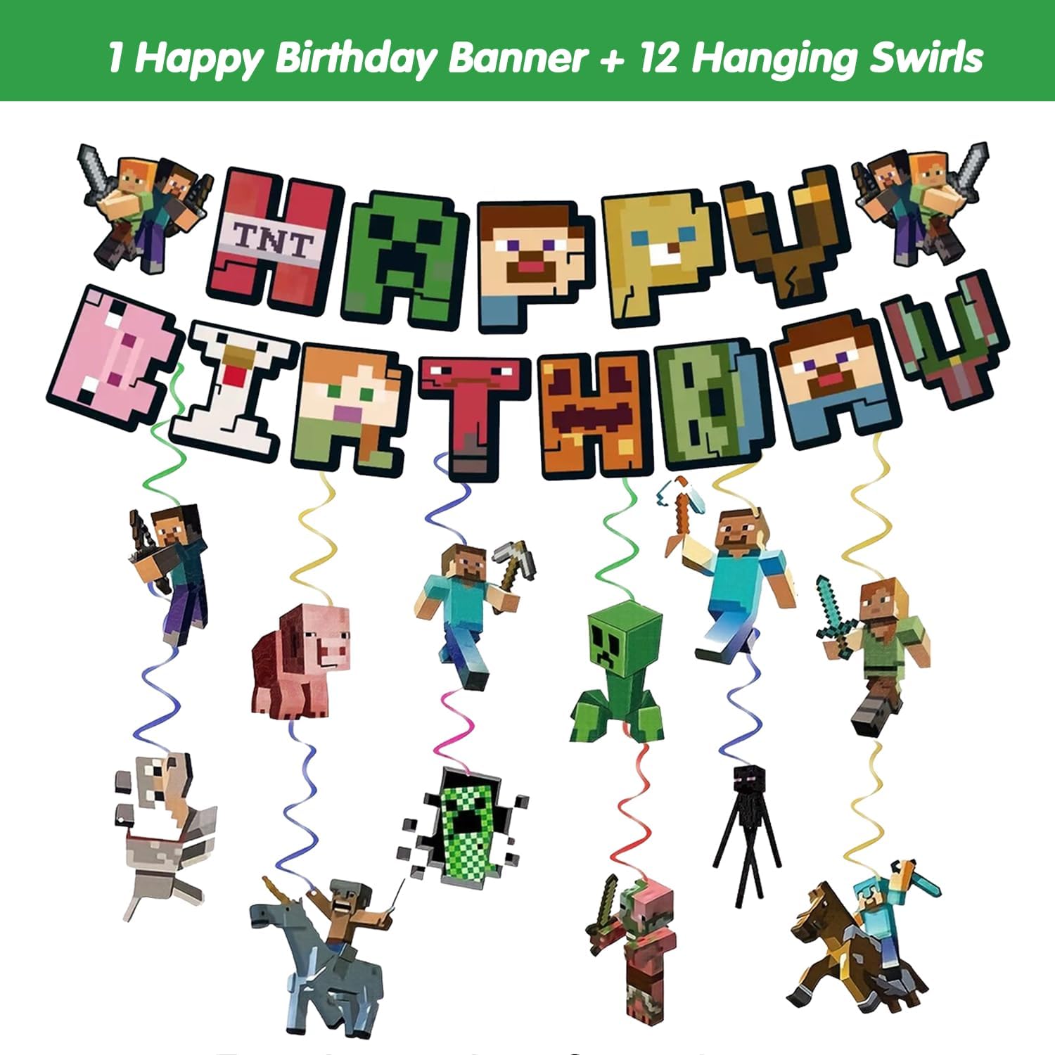 Pixel Miner Style Birthday Decorations, Video Game Hanging Swirls and Happy Birthday Banner, Party Supplies for Boy image 2