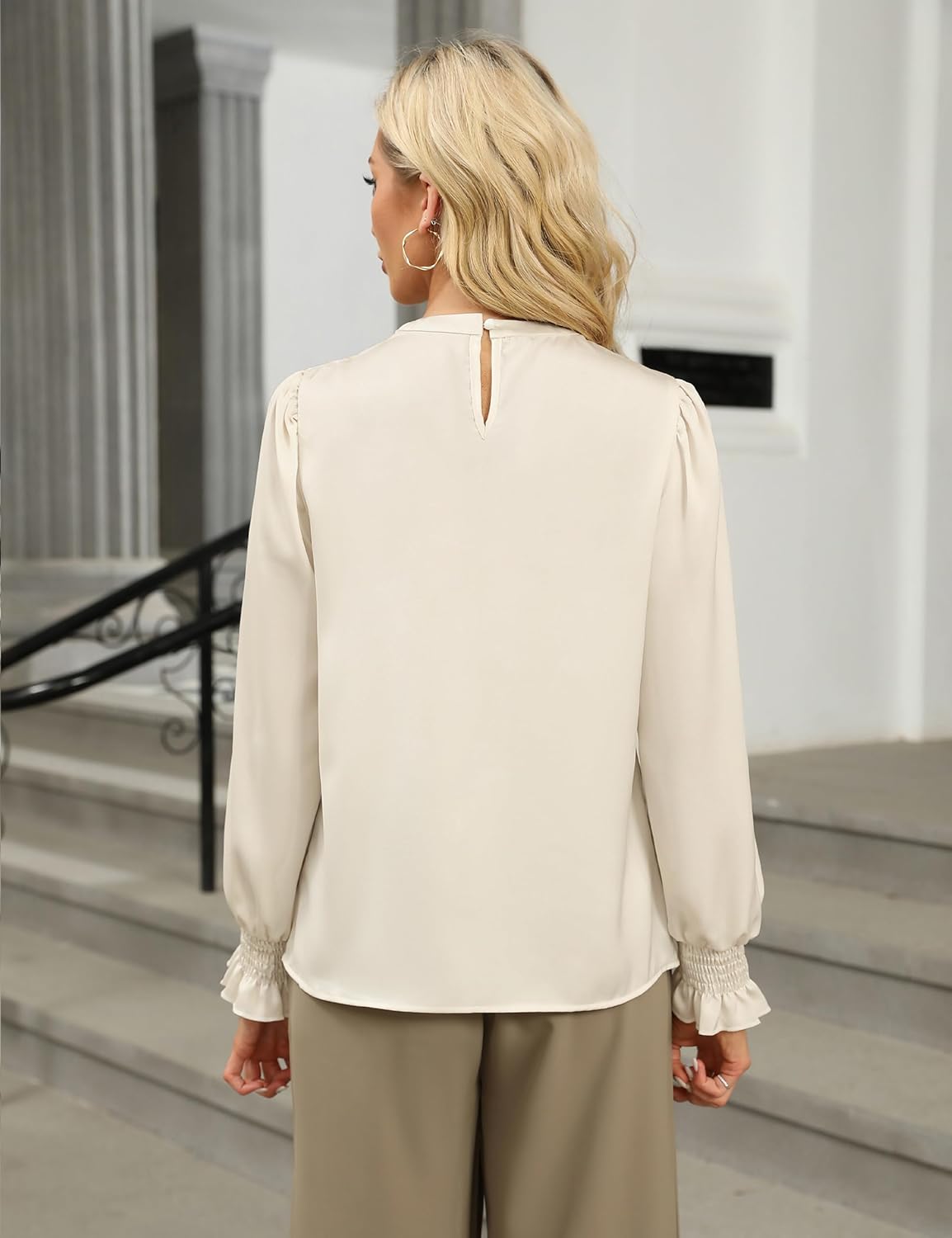 BMJL Womens Dressy Casual Blouse Black Long Sleeve Shirts Satin Silk Keyhole Business Work Tops Fall Outfits 2025 - Image 3