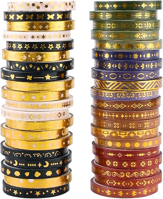 40 Rolls Washi Tape Set Superfine Washi Paper Tape Bronzing Scrapbook Tape Multi-Pattern Adhesive Washi Stickers Gold Foil Decorative DIY Arts Craft Tape for Gift Wrapping Envelopes Journal Plans (A)