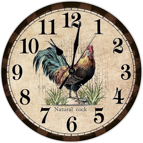 godblessign Reloj de pared retro de gallo marrón de 15 pulgadas, reloj de pared de madera de 15 pulgadas, funciona con pilas, silencioso, sin