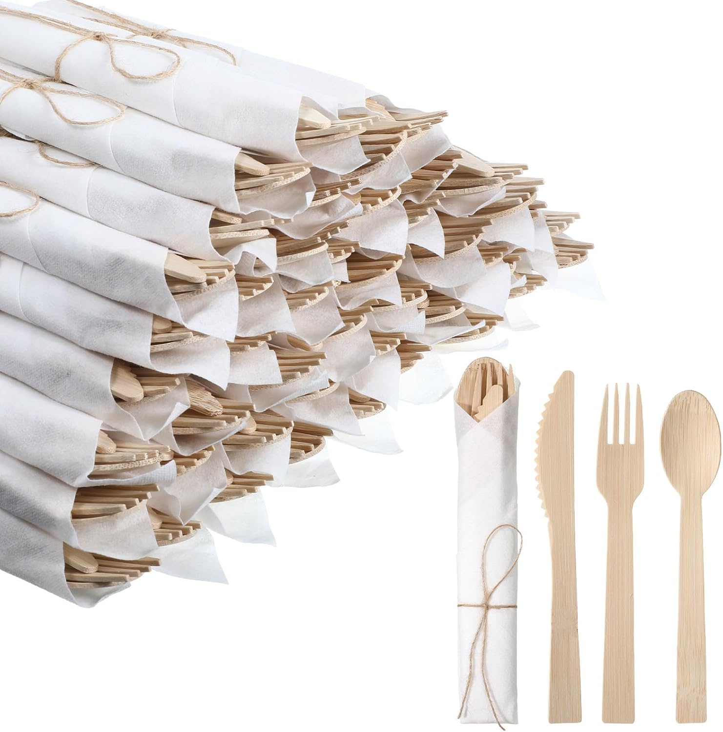 Pre Rolled Napkin and Bamboo Cutlery Set 50 Pack(150 PCS) Bamboo Utensils
