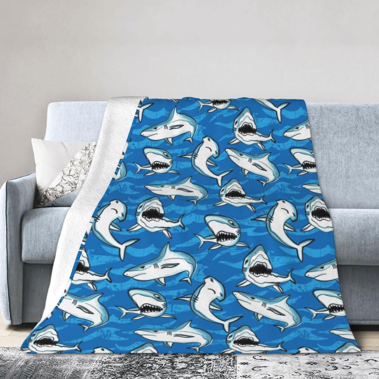 MDKU Shark Blanket for Kids, Comfy Plush Flannel Fleece Throw Blanket Navy Lightweight Warm Cute Shark Blanket for Boys and Girls Birthday Gifts, Travel and Beach- 50x40 Inches