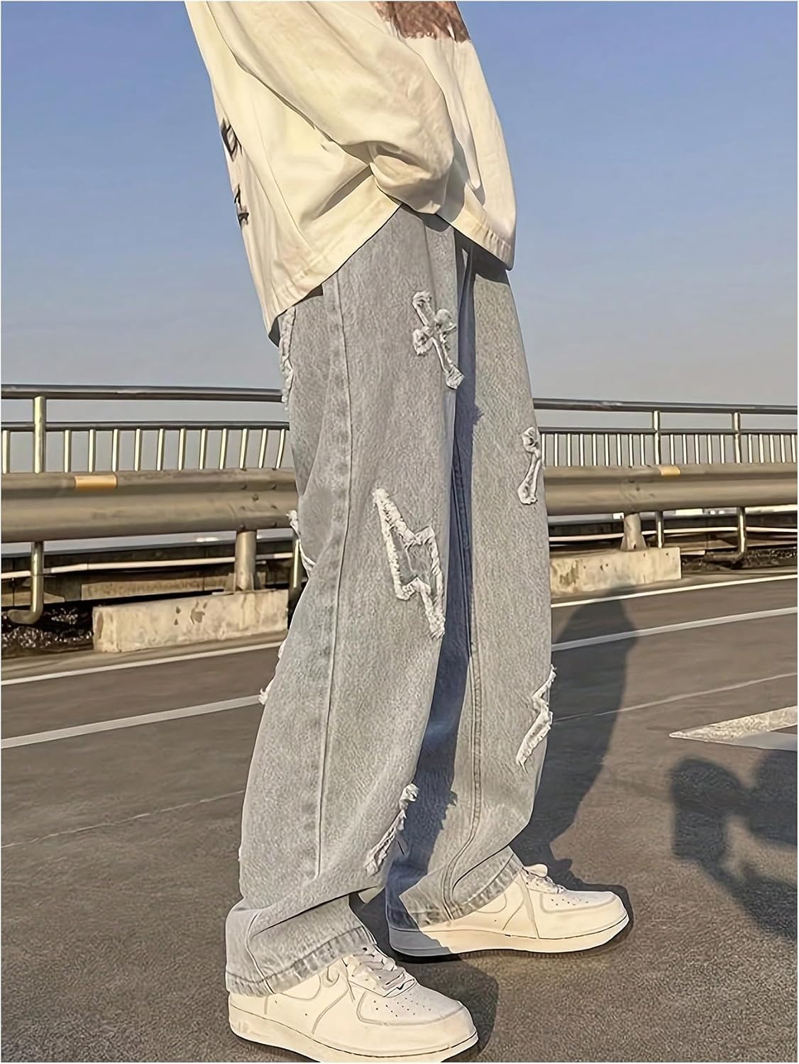 Floerns Men's Y2k Cross Embroidery Straight Leg Jeans Distressed Street Denim Pants