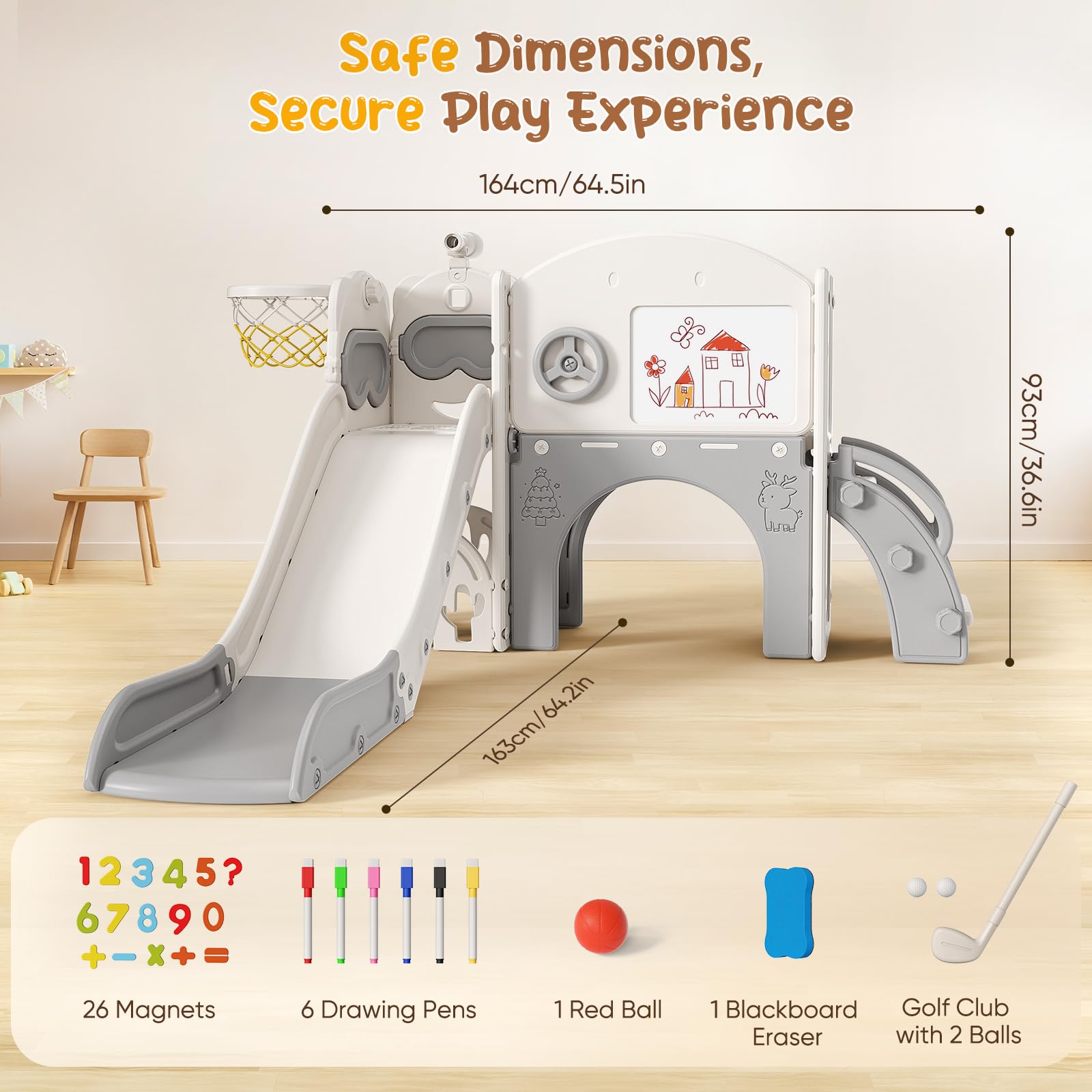 Tobogán para niños con aro de Baloncesto, Tobogán para jardín de Infantes, Parque Infantil Interior y Exterior, Kit de Juego de Escalada Independiente con tobogán para bebés (Beige Gris-10 en 1)