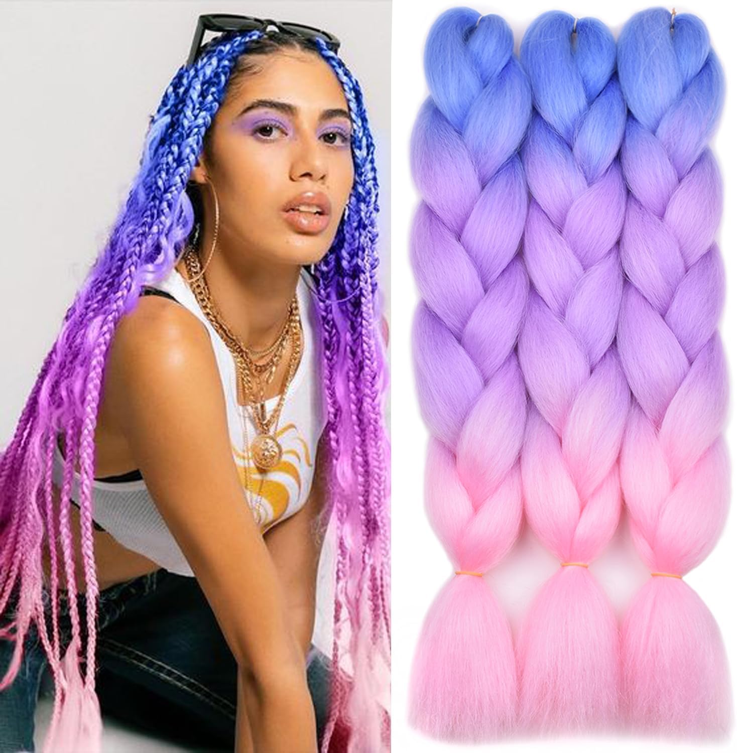 BACANAPink Ombre Braiding Hair Extensions 3Pcs Jumbo Braiding Hair for Box Braids 24inch Blue/Purple/Pink