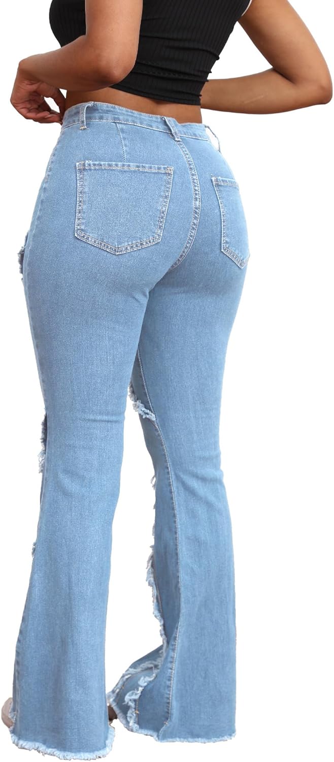 Bell Bottom Jeans for Women Ripped High Waisted Classic Tassels Flared Pants