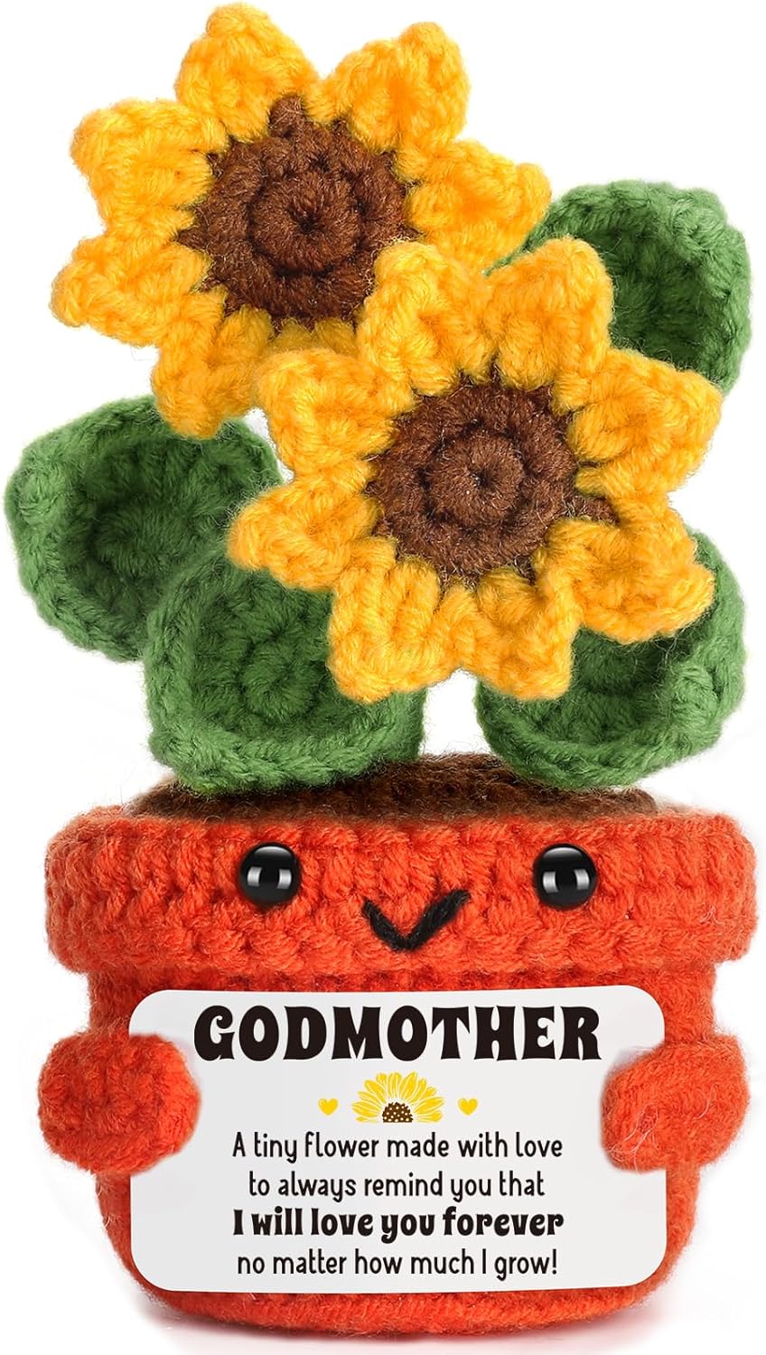 LuoHere Godmother Gift from Godchild, God Mother Gifts for Women, Best Godmother Ever Christmas Happy Birthday Mothers Day Ideas, Unique Funny Handmade Crochet Sunflower