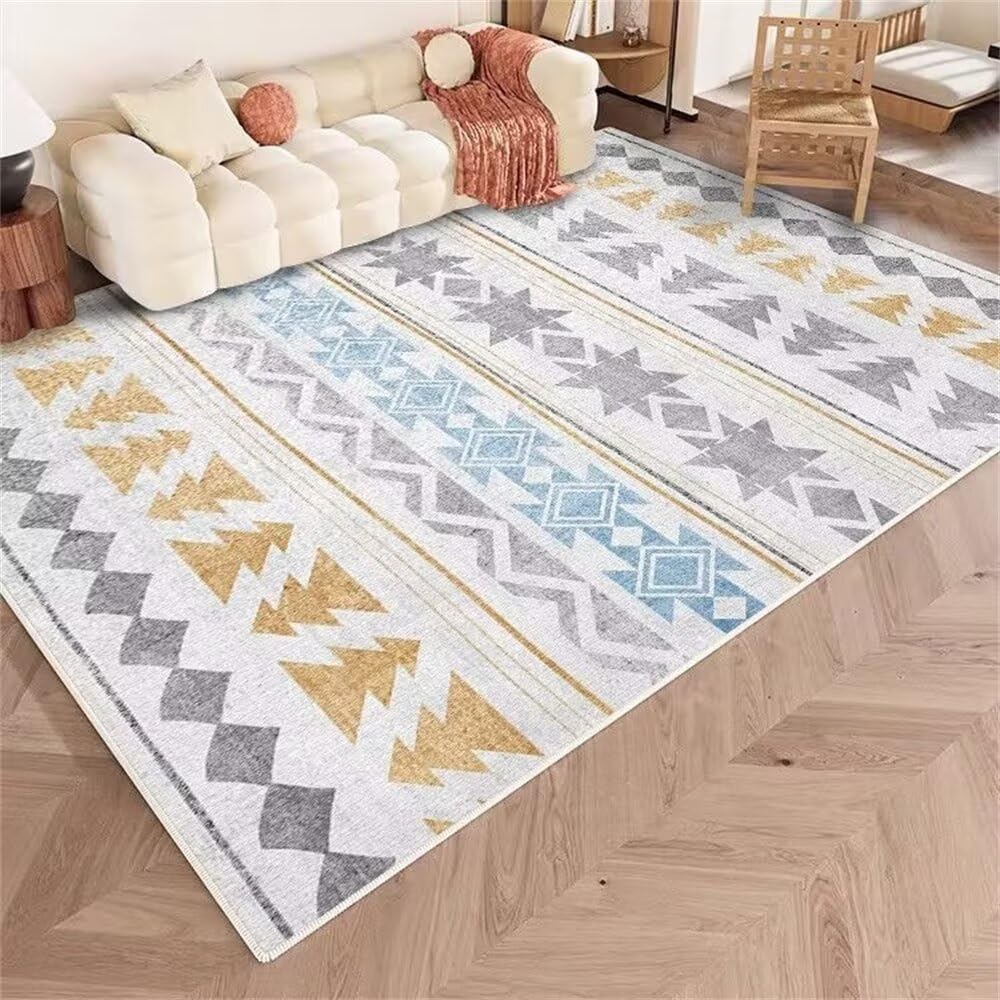 Tapis shaggy noir 120x160cm lavable avec imprimé jaune et bleu pour chambre