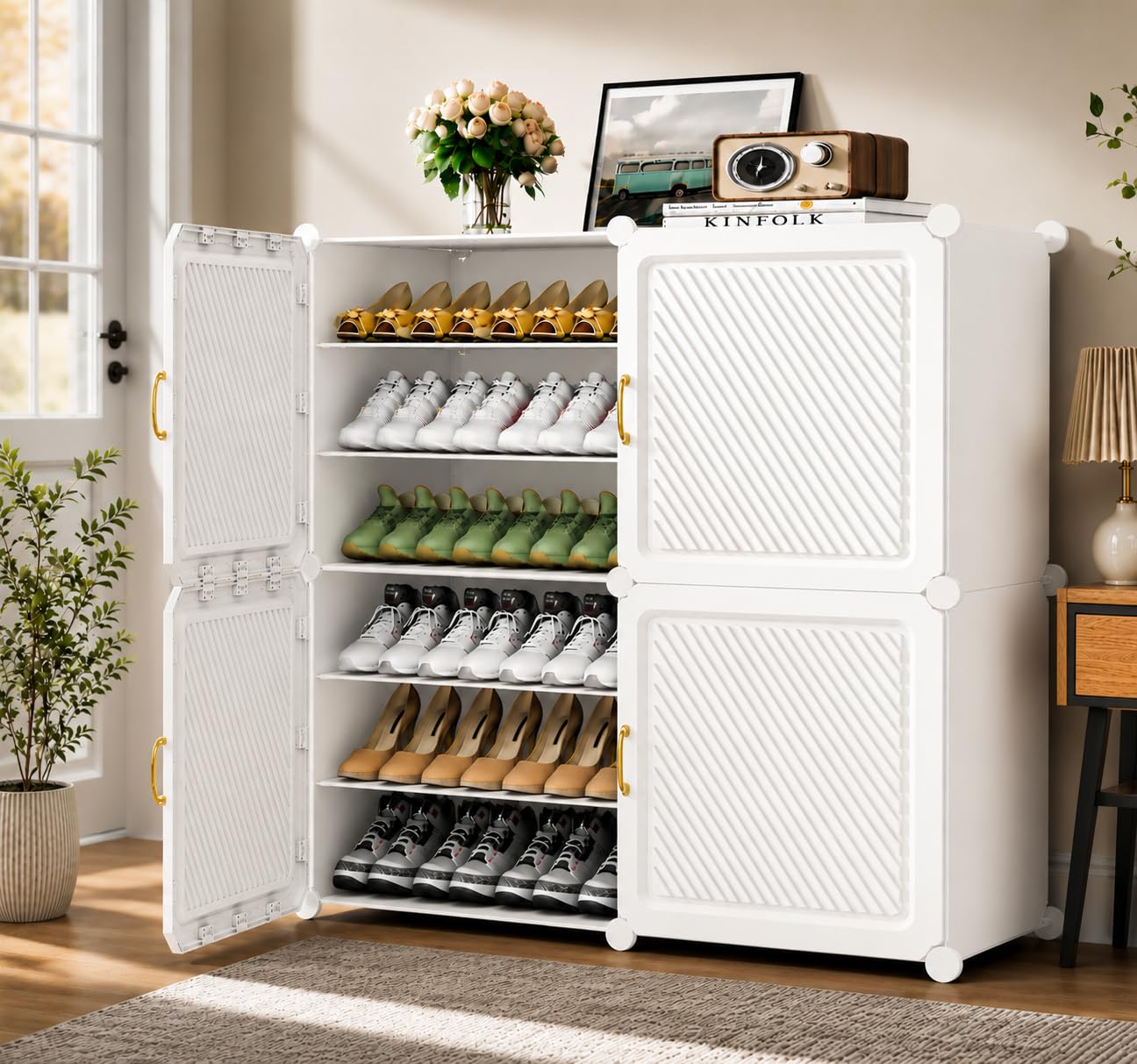 Mevigo Plastic Shoe Rack for Home with Door | 12-Tier Stackable Shoe Organizer | Holds 24 Pairs | Waterproof & Dustproof | DIY Modular Shoe Cabinet | Chappal Slipper Stand for Bedroom, Entryway