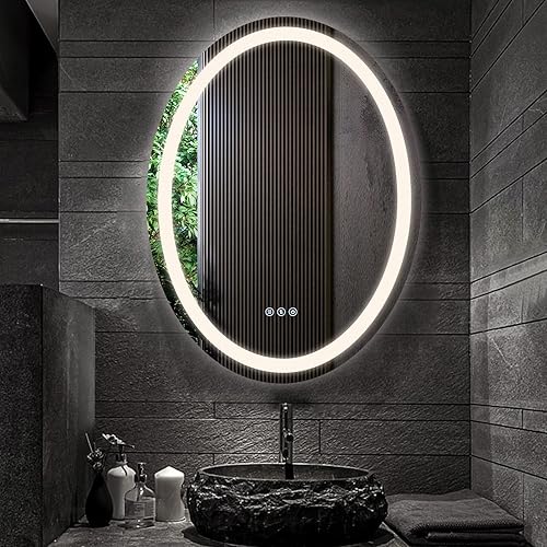 HYJS DEC. Espejo de baño LED ovalado de 24 x 32 pulgadas, espejo LED inteligente para pared de baño, espejo de tocador iluminado ovalado con luz de