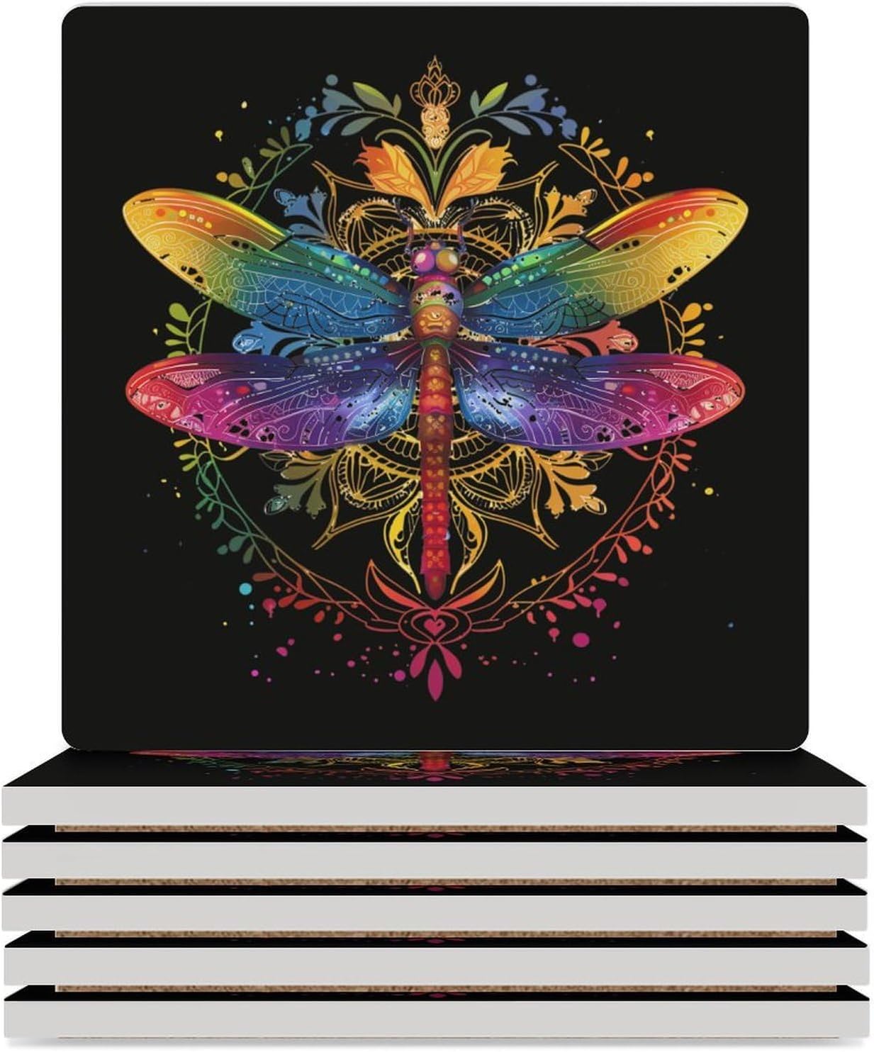 Mandala Dragonfly Chakra Dragonflies Coasters for Drinks Square Ceramic Coasters Cup Mats with Cork Base
