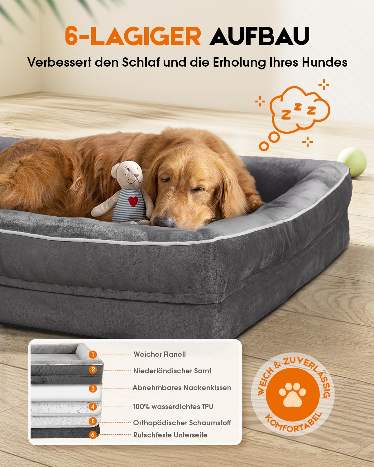 Upvilla Orthopädisches Hundebett XL, Hundekorb Waschbar mit Eierförmiger Kistenschaum，Wasserdicht Hundesofa mit rutschfeste Unterseite und Vierseitiges Kissen (Grau, L117xB76xH19cm)