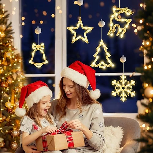 Miniatura 6 de 5 luces de Navidad para ventana con temporizador, funciona con pilas, luz blanca cálida con copos de nieve, campanas de árbol con forma de estrella
