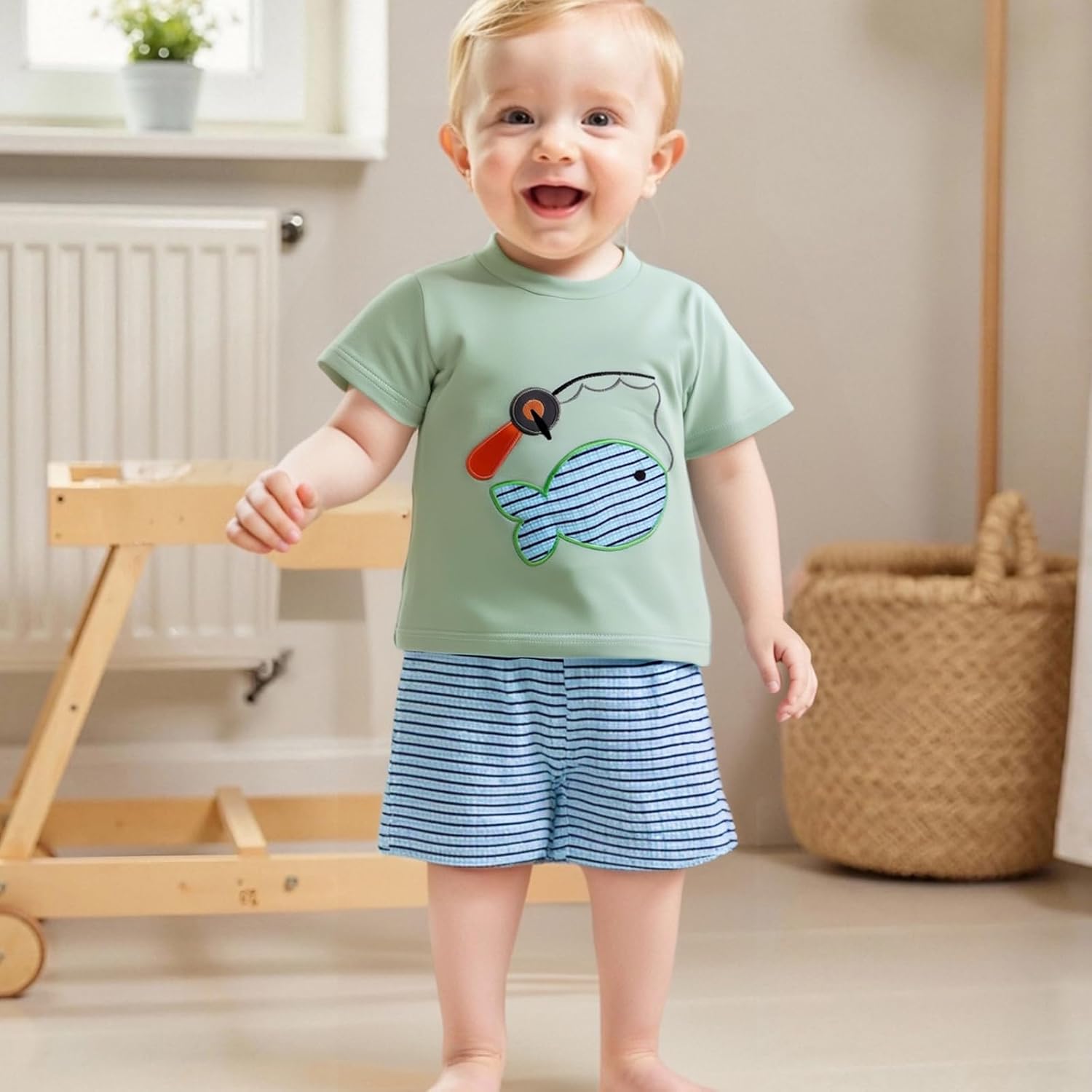 Toddler Baby Boy Fishing Outfit Fish Embroidery Short Sleeve Fishing T Shirt Plaid Shorts Set Infant Summer Clothes - Image 2