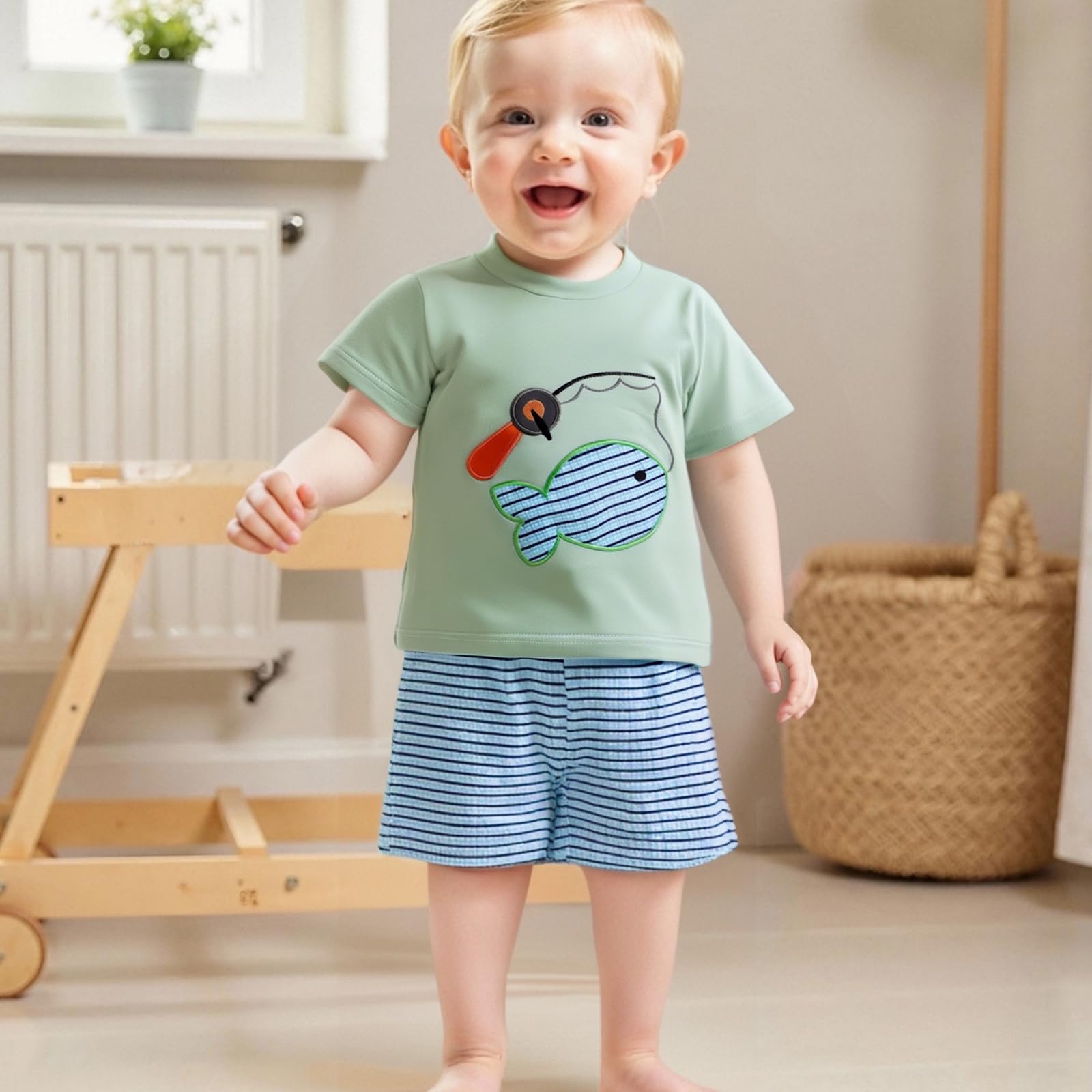Toddler Baby Boy Fishing Outfit Fish Embroidery Short Sleeve Fishing T Shirt Plaid Shorts Set Infant Summer Clothes (Green, 18-24 Months)
