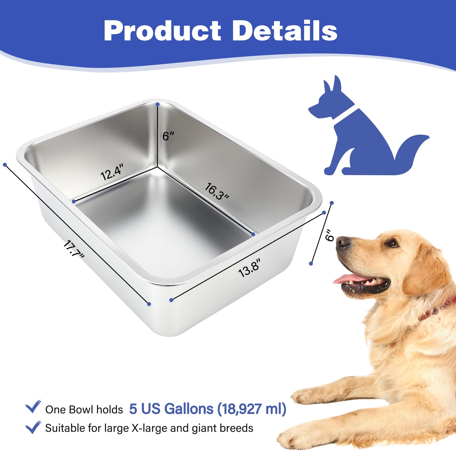 Cuenco Grande de Agua para Perros de 5 galones, Cuencos de Metal de Acero Inoxidable para Perros, Cuenco de Comida para Mascotas de Gran Capacidad, Plato de Agua para Interiores y Exteriores