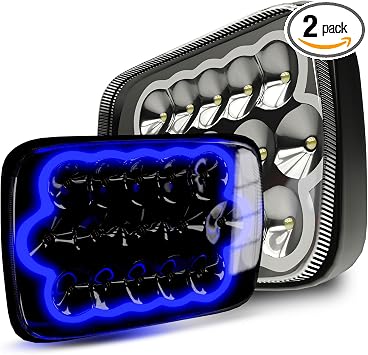 2PCS Off Road Plug and Play Sealed Beam H6054 7x6 5x7 Auto Light with Blue Halo Lights Compatible with Wrangler YJ XJ Cherokee E250 Chevy Van Truck Mr2 For Off Road Use