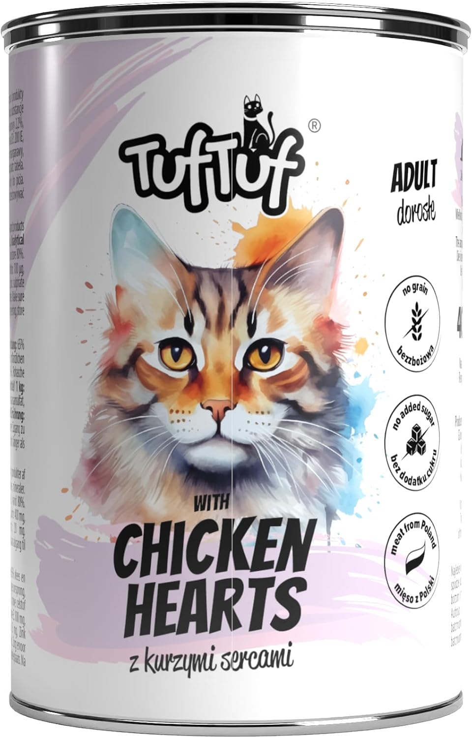 TufTuf Karma Mokra dla Kota, Mielonka z Kurzymi Sercami, 400g, Dla Dorosłych Kotów, Bezzożowa, Bez Cukru, Puszka, Pełnoporcjowa, Z Tauryną, 1 Sztuka