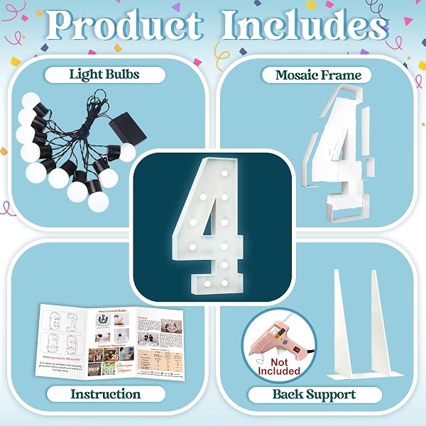 4FT Light Up Numbers Birthday Decoration Large Marquee Numbers 4 for 4th 40th Birthday Party Decor Wedding, Big Number Frame Foam Cardboard Mosaic Arch Stand Pre-cut Numbers - 3