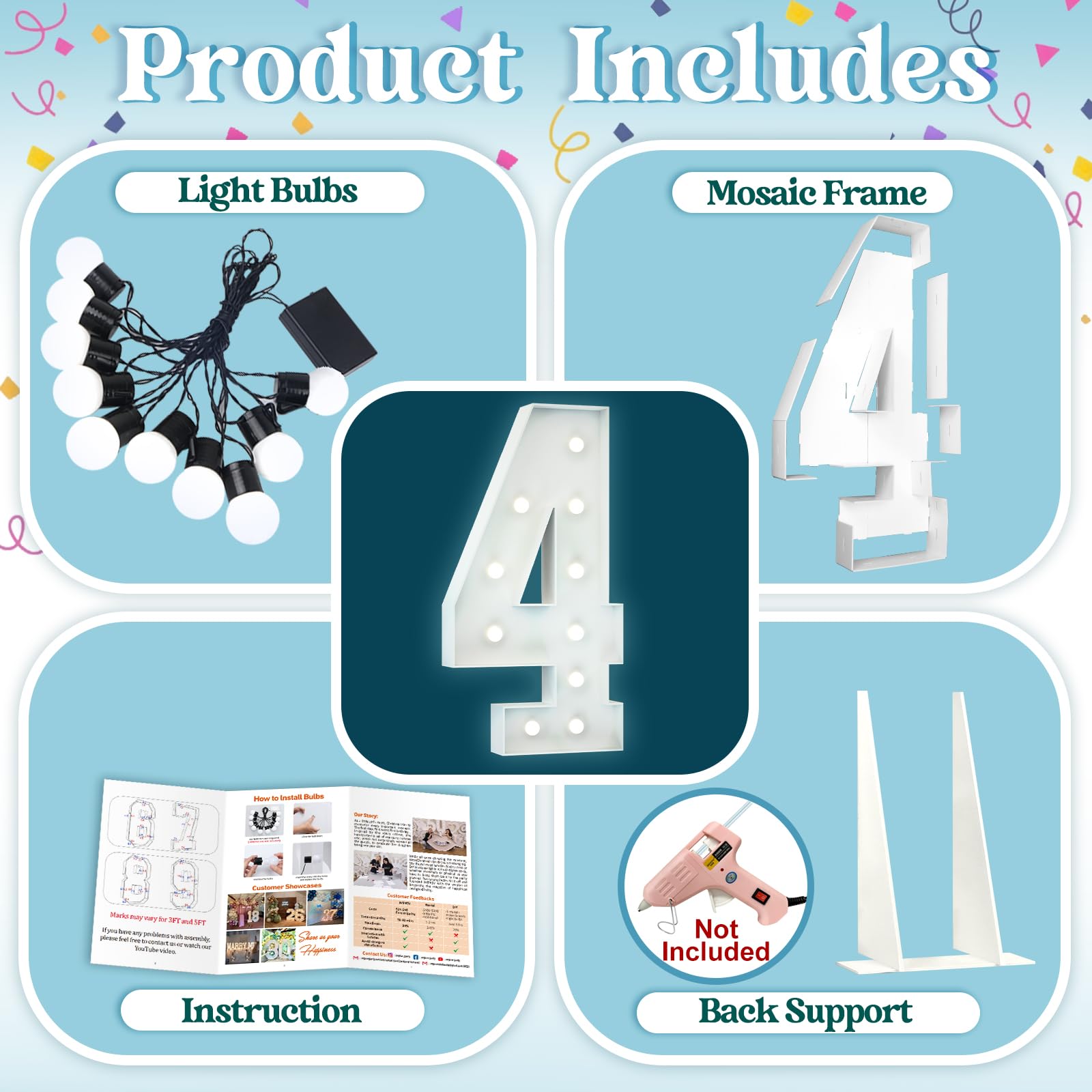 4FT Light Up Numbers Birthday Decoration Large Marquee Numbers 4 for 4th 40th Birthday Party Decor Wedding, Big Number Frame Foam Cardboard Mosaic Arch Stand Pre-cut Numbers — view 3