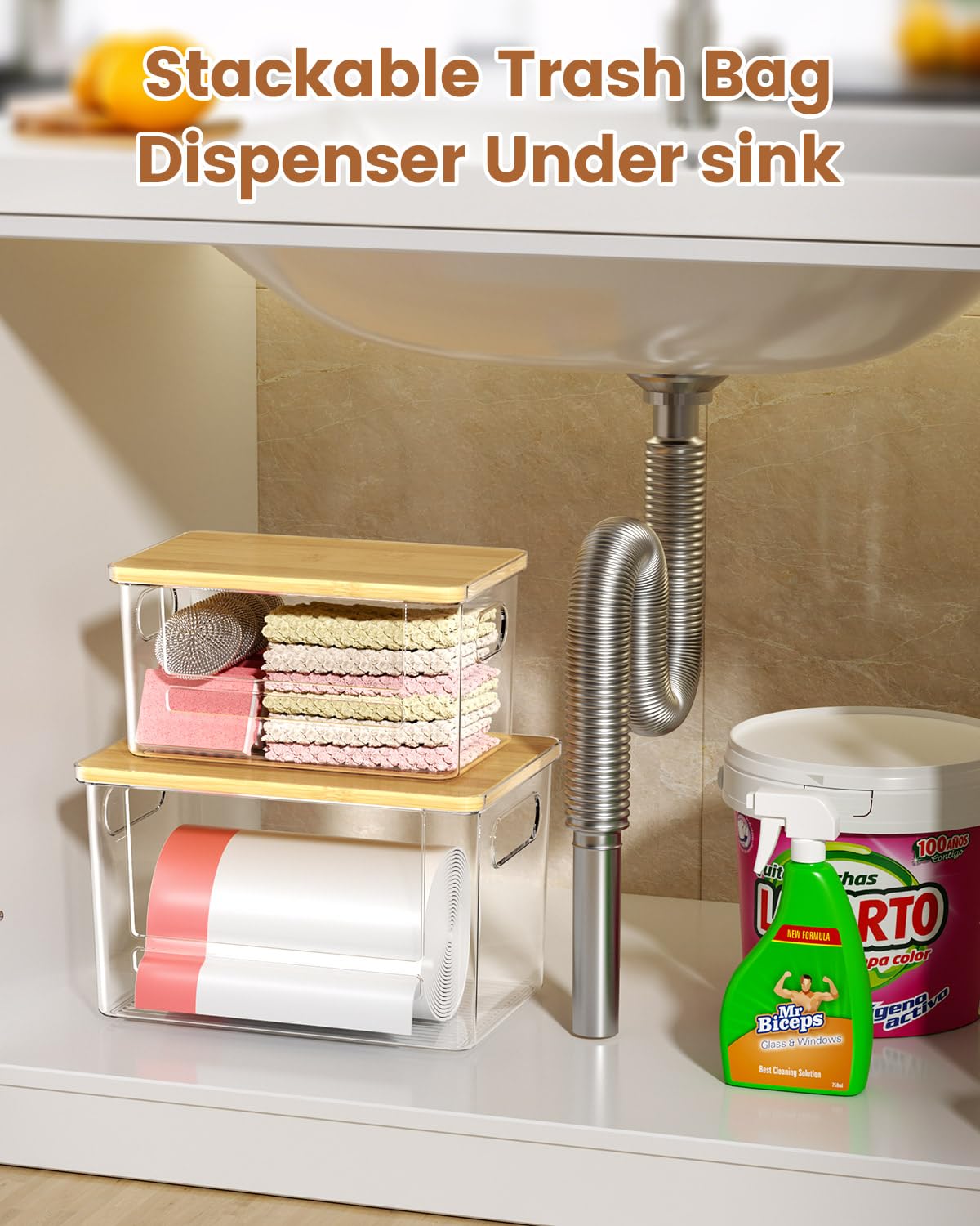 Dispensador de bolsas de basura (XL+S), dispensador de bolsas de basura acrílicas con parte superior de bambú, soporte para bolsas de basura debajo del fregadero para despensa, cocina, lavandería