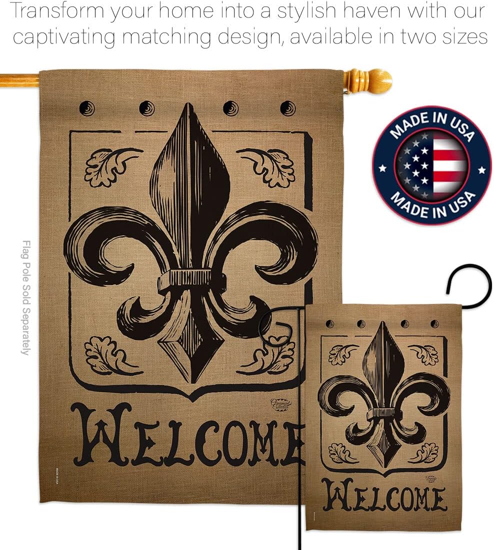 Welcome Fleur De LYS Garden House Flag - Set Country Living Vintage Flower Lily Lis French Party Mardi - Decoration Banner Small Yard Gift Double-Sided Made in USA 28 X 40