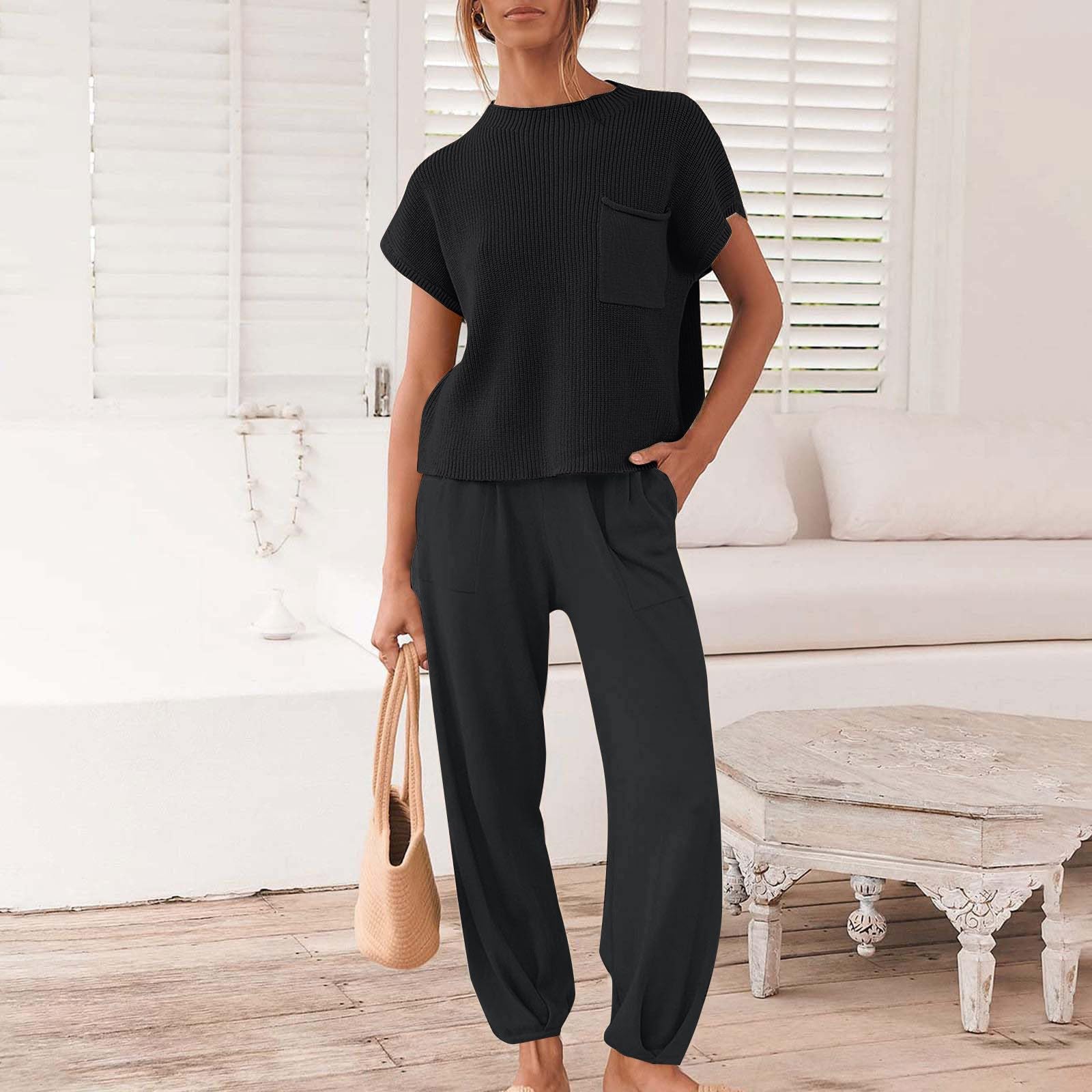 Lounge Set Mujer Manga Corta Traje de Punto Dos Piezas Streetwear Traje