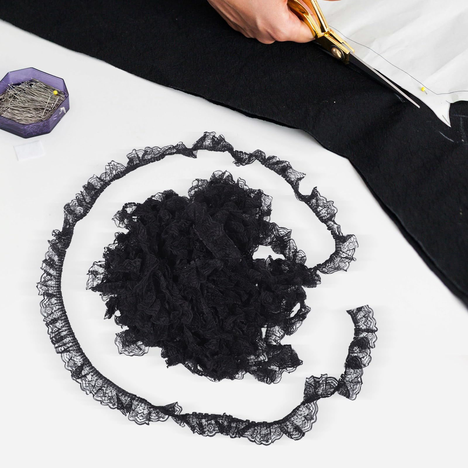 Healvian Ribete de Encaje Plisado Negro de Poliéster de 6 Cm para Coser Volantes, Adecuado para Tela de Encaje de Boda y Uso Diario Costura sin Costuras
