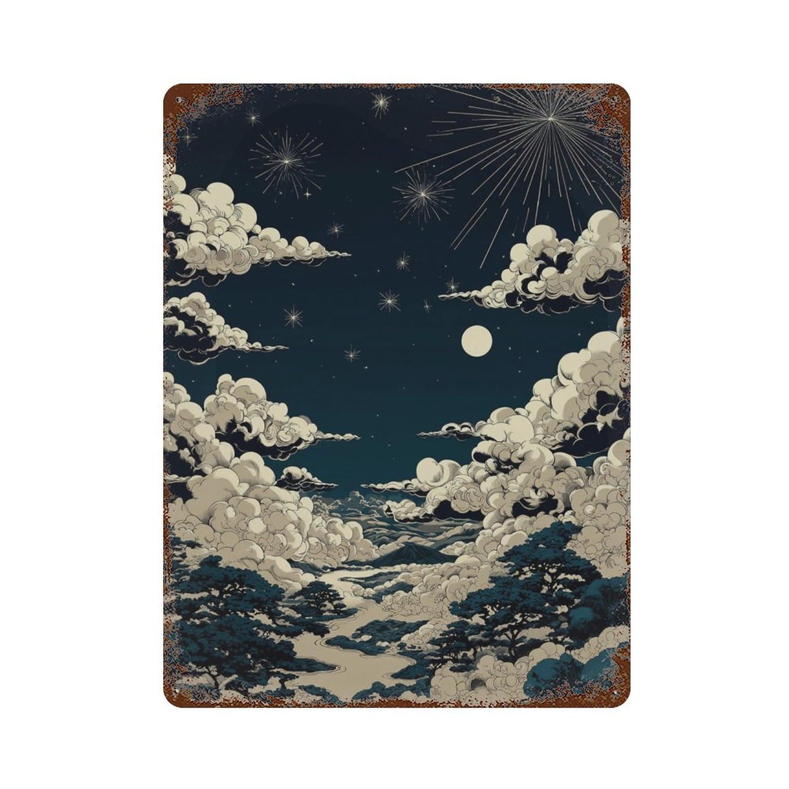 xiaoxiaoshen Night Sky Moon Clouds Celestial Dark Blue Living Room Style Wall Decor Art Metal Tin Poster Modern Home Decor Art Home Bar Shop Decorations Vintage Sign 40x30cm