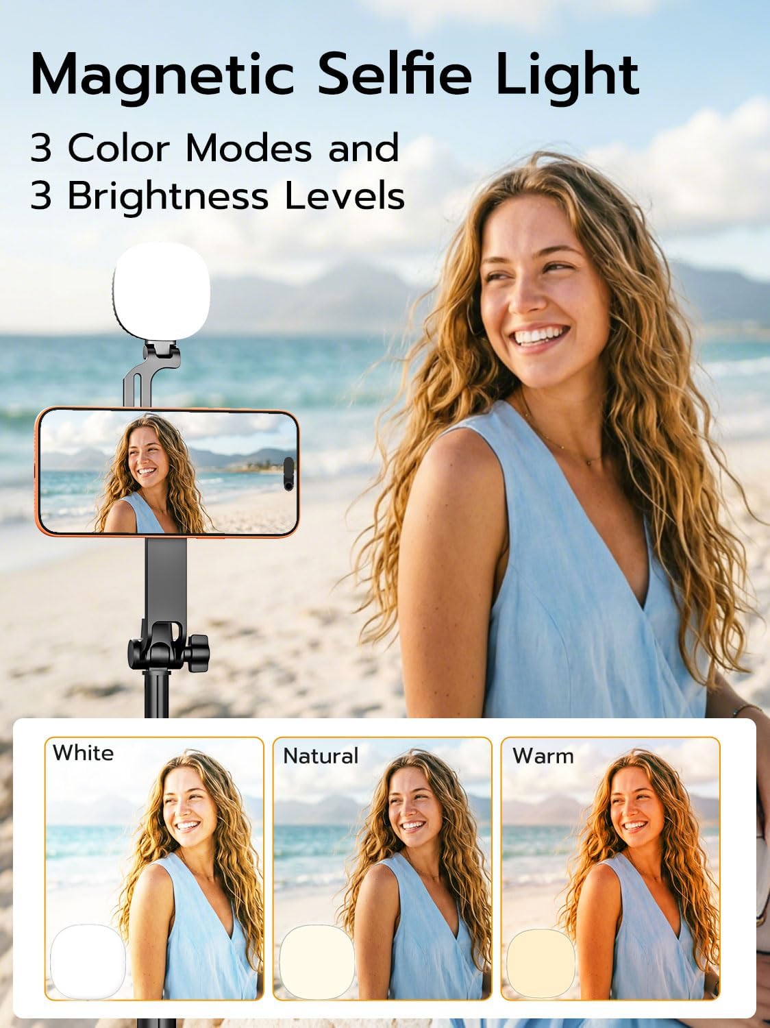 USKEYVISION Trépied magnétique pour iPhone avec lumière, perche à selfie avec lumière magnétique et télécommande, trépied extensible pour téléphone portable MagSafe iPhone/Android pour enregistrement