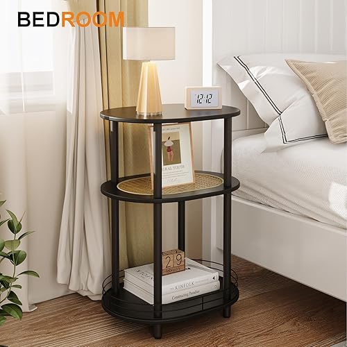Miniatura 6 de Mesa auxiliar redonda de ratán, mesa auxiliar negra bohemia con cesta de almacenamiento de metal, mesita de noche de 3 niveles, mesa decorativa