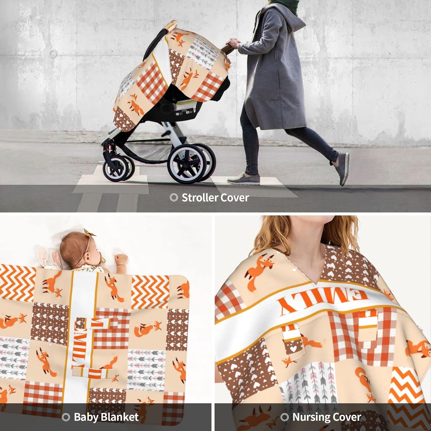 Personalized Baby Car Seat Canopy for Babies, Custom Name Car Seat Covers for Boys and Girls, Opening Minky Nursing Breastfeeding Cover for Infant, Carseat Canopies for Newborn (Cute Fox)