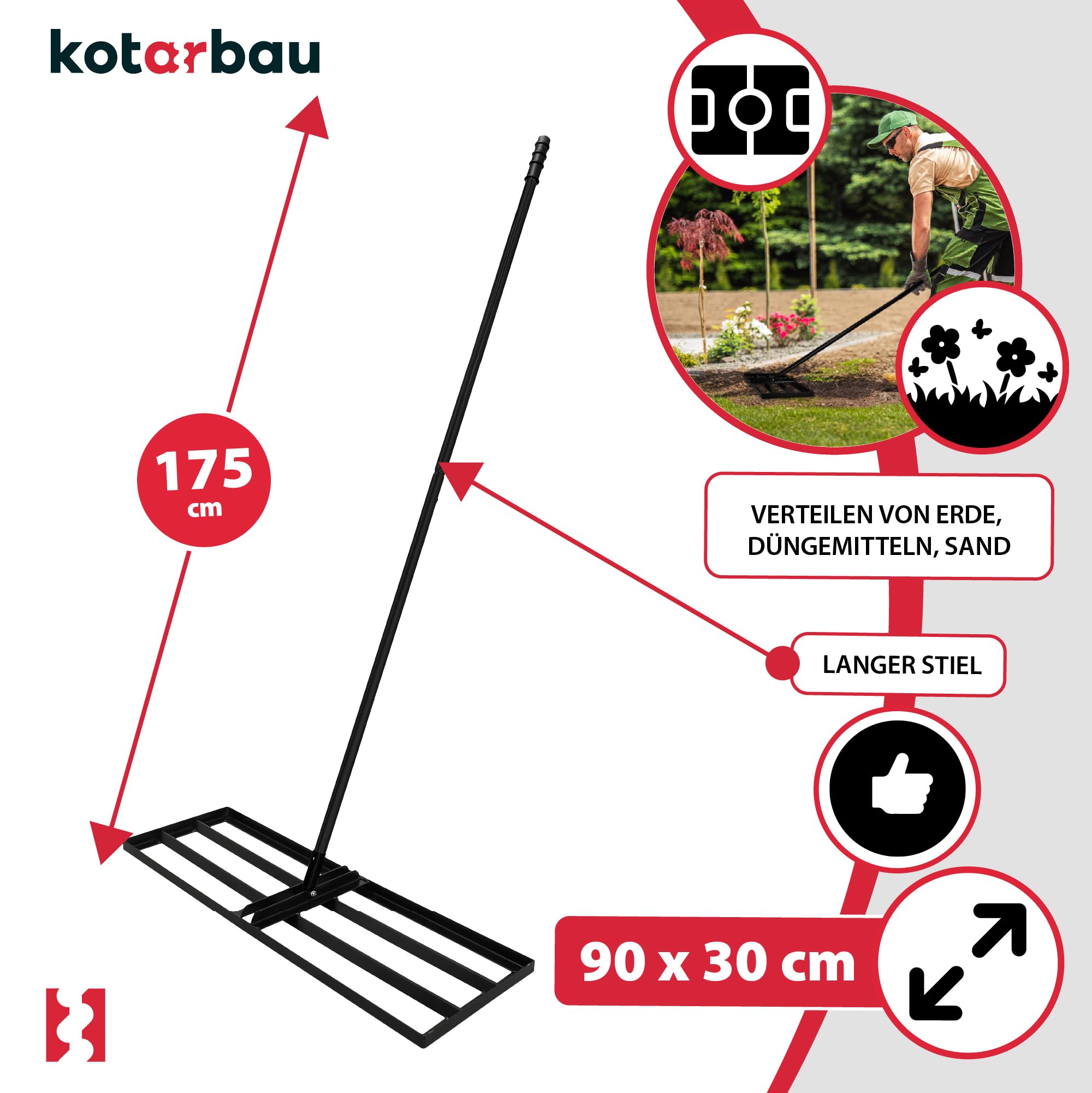 KOTARBAU® Rasenrakel - 90 x 30 cm - Rasen Nivellierrechen - mit Stahlstiel - 175 cm - Gartenwerkzeug zur Rasenpflege - Rasen Rakel - Gartenzubehör - Stahl - Schwarz